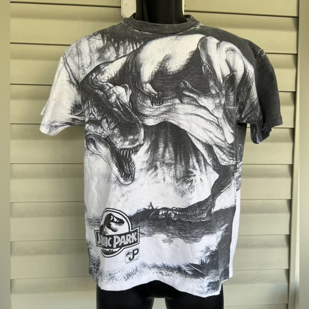 Vtg 93 Jurassic Park AOP Single Stitch Shirt XL (18-20) TRex claw attack USA